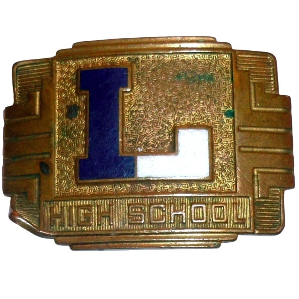 Antique 1920s Art Deco Brass Belt Buckle Giant Grip High School Letter L Enamel